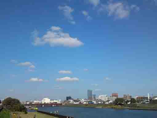 white clouds in the blue sky above the river